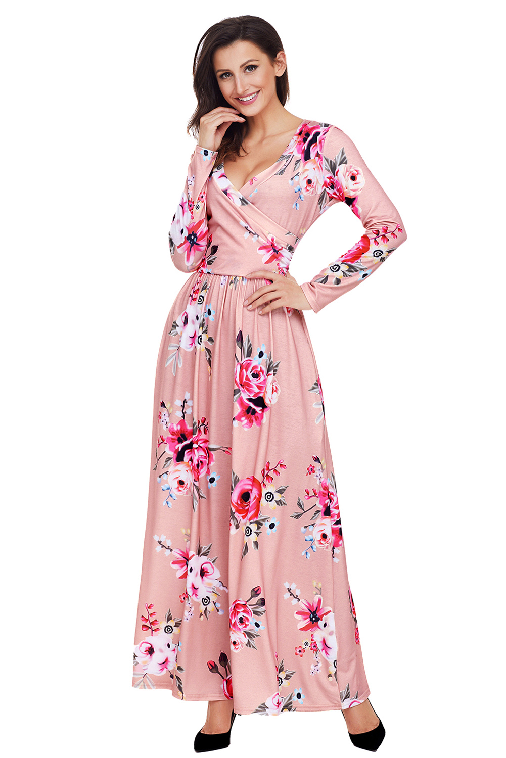BY61772-10 Mauve Floral Surplice Long Sleeve Maxi Boho Dress